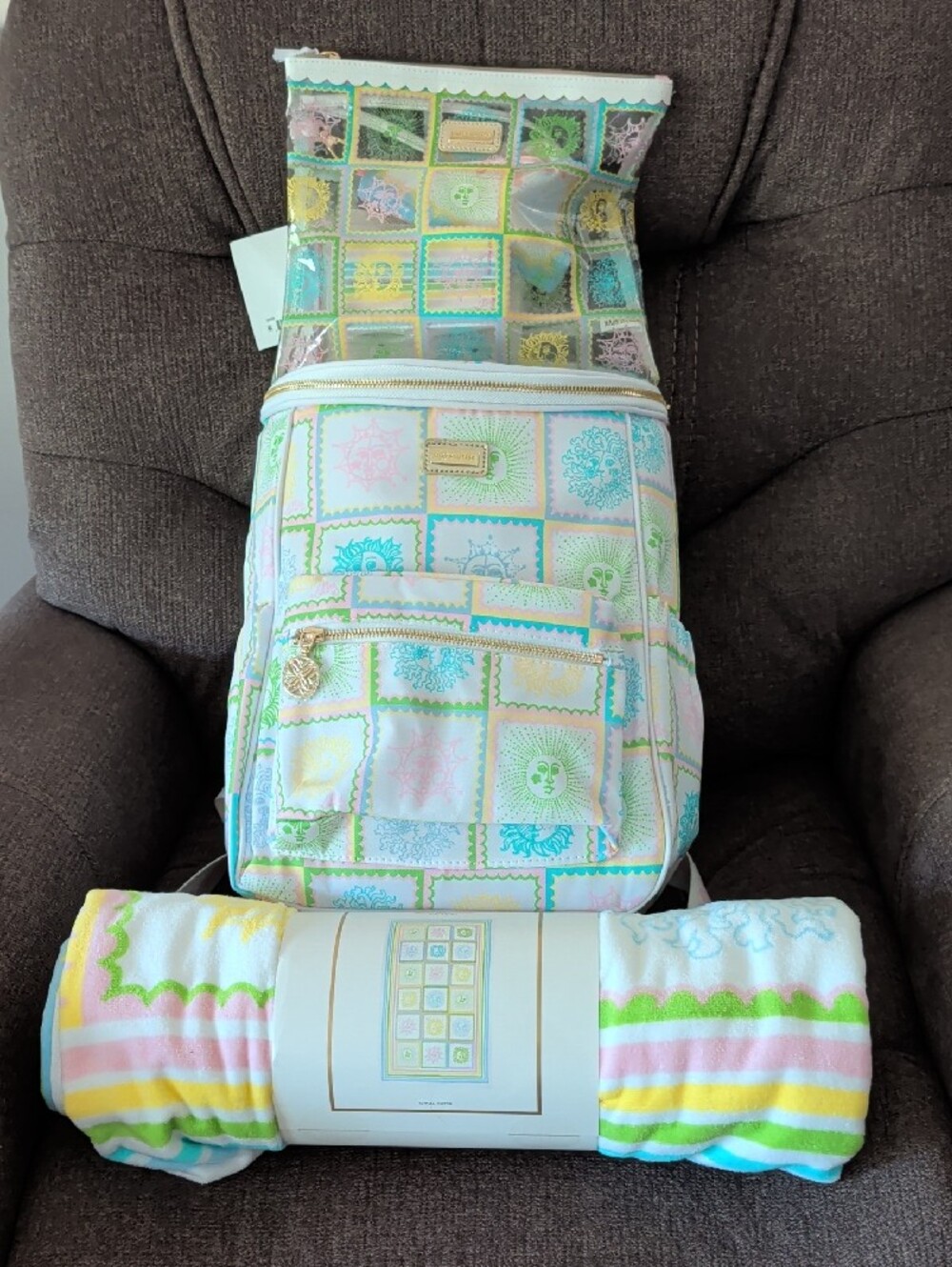 Lilly Pulitzer 3 pc Sun Tiles Beach Set (Cooler Backpack; Beach Towel; & Pouch